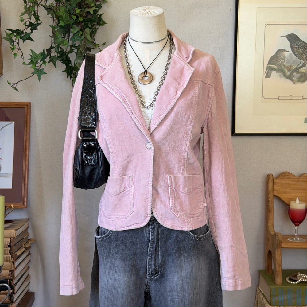 Pink Corduroy Button Up Blazer Jacket Y2K Vintage Large Layering Girly Grunge
